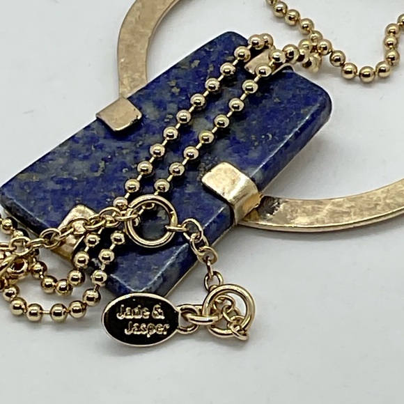 Lapis lazuli chunk modernist pendant in gold tone ball chain blue necklace - Picture 8 of 11